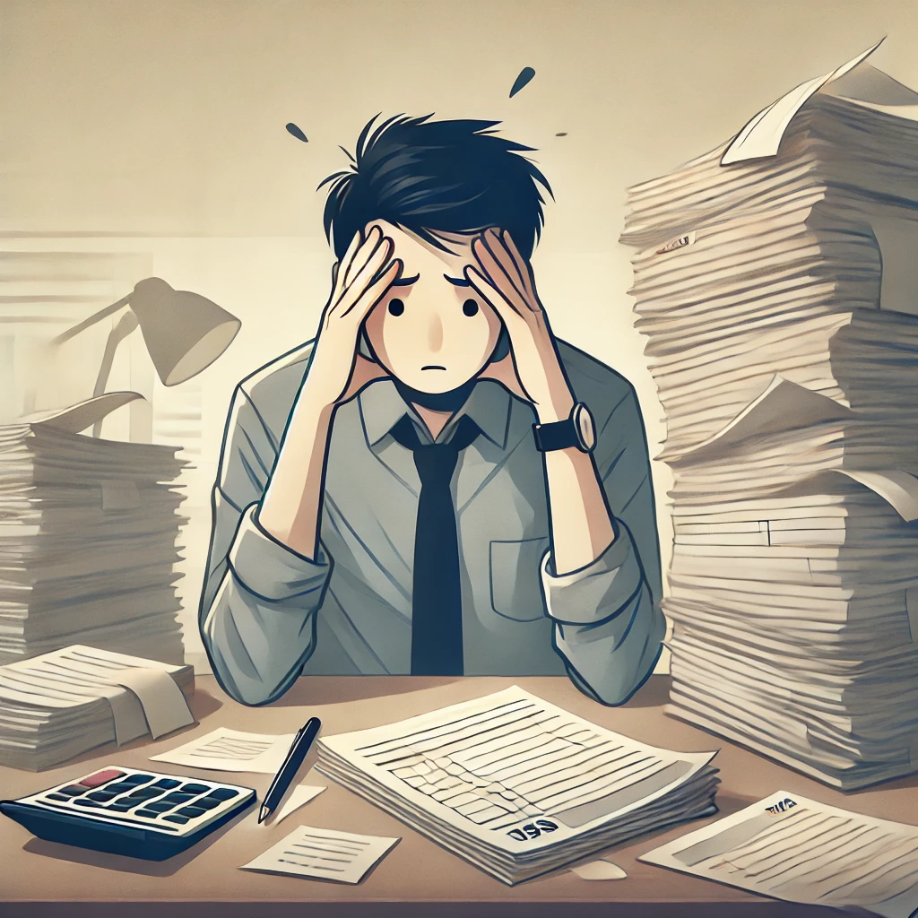 An illustration of a stressed person sitting at a desk, surrounded by stacks of paperwork, tax forms, and a calculator, symbolizing the challenges of tax season.